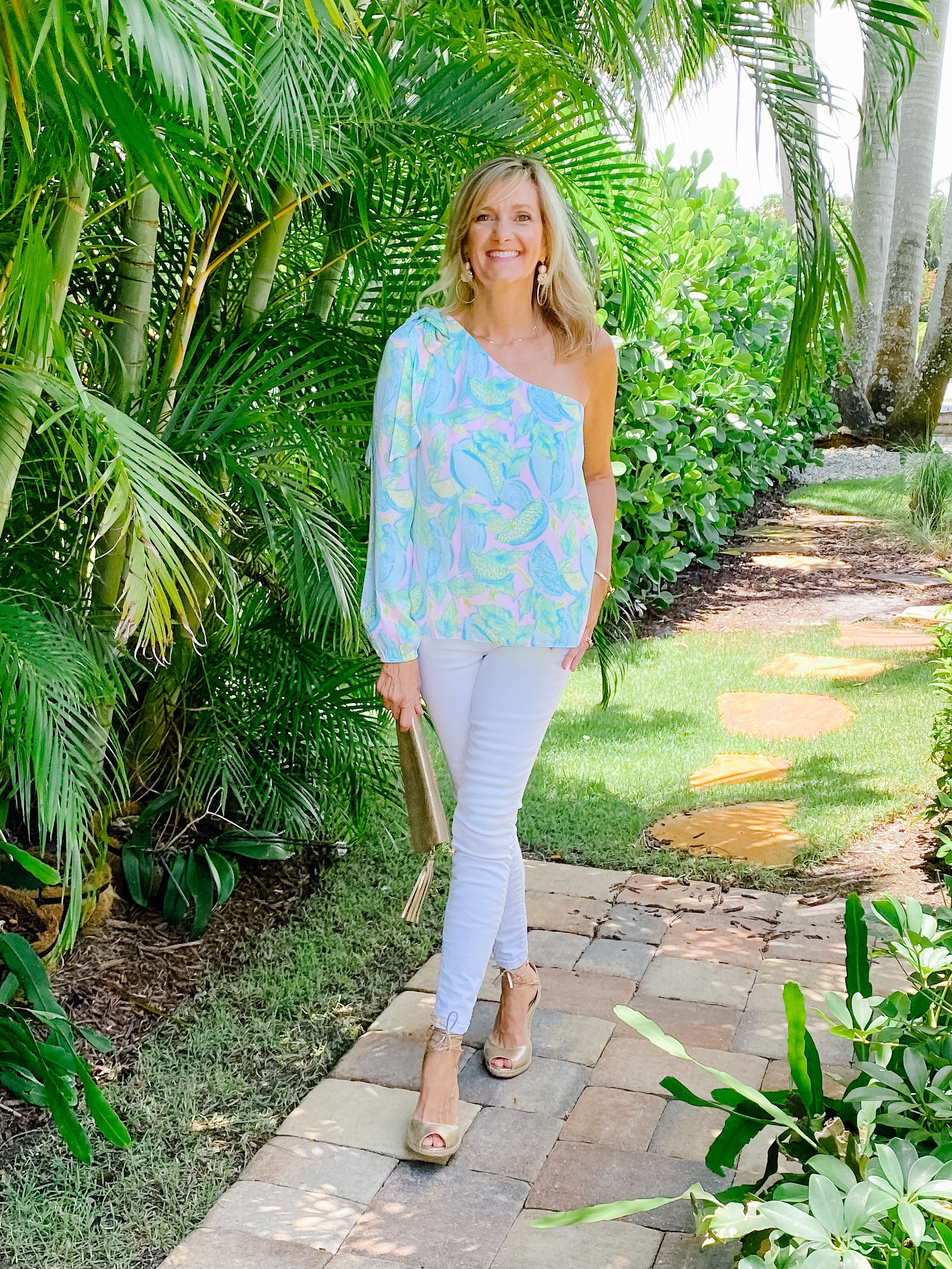 Lilly Pulitzer top and White Jeans For Date Night! 5 outfit ideas for women over 50.