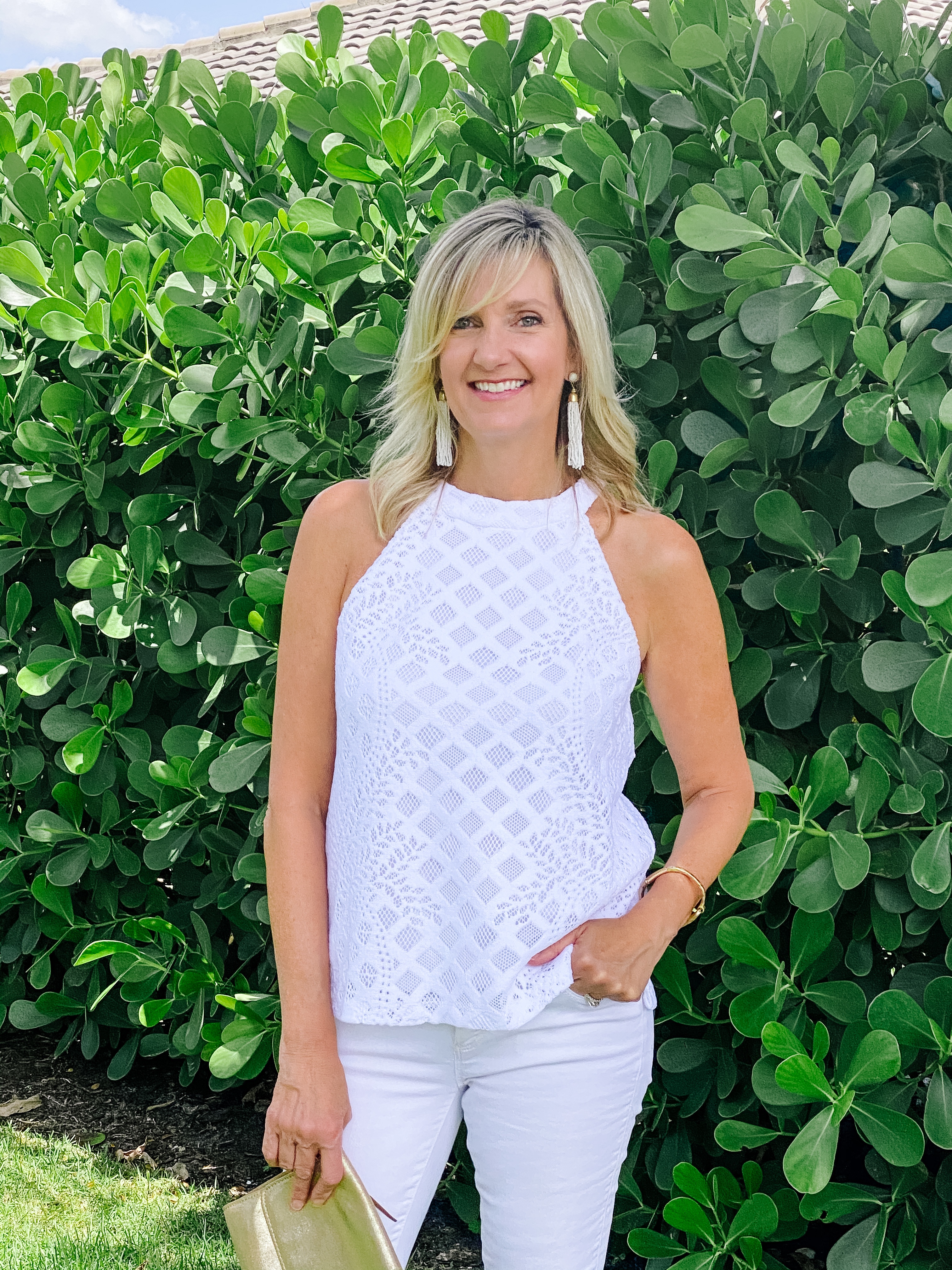 Lilly Pulitzer top and White Jeans For Date Night! 5 outfit ideas for women over 50.