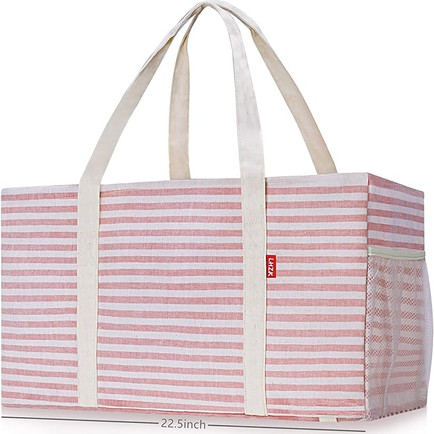 pink and white striped large utility tote