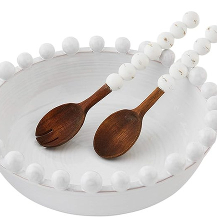 white ceramic salad serving set with decorative knobs